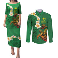 Hawaii Turtle Plumeria Flower Couples Matching Puletasi and Long Sleeve Button Shirt Polynesian Pattern Green Color LT03 Green - Polynesian Pride