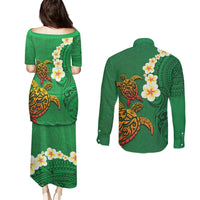 Hawaii Turtle Plumeria Flower Couples Matching Puletasi and Long Sleeve Button Shirt Polynesian Pattern Green Color LT03 - Polynesian Pride