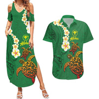 Hawaii Turtle Plumeria Flower Couples Matching Summer Maxi Dress and Hawaiian Shirt Polynesian Pattern Green Color