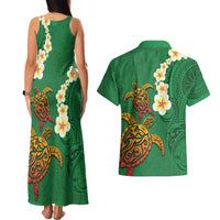 Hawaii Turtle Plumeria Flower Couples Matching Tank Maxi Dress and Hawaiian Shirt Polynesian Pattern Green Color