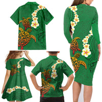 Hawaii Turtle Plumeria Flower Family Matching Long Sleeve Bodycon Dress and Hawaiian Shirt Polynesian Pattern Green Color LT03 - Polynesian Pride