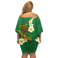 Hawaii Turtle Plumeria Flower Family Matching Off Shoulder Short Dress and Hawaiian Shirt Polynesian Pattern Green Color LT03 - Polynesian Pride