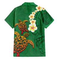 Hawaii Turtle Plumeria Flower Family Matching Short Sleeve Bodycon Dress and Hawaiian Shirt Polynesian Pattern Green Color