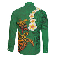 Hawaii Turtle Plumeria Flower Family Matching Short Sleeve Bodycon Dress and Hawaiian Shirt Polynesian Pattern Green Color