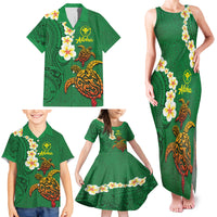 Hawaii Turtle Plumeria Flower Family Matching Tank Maxi Dress and Hawaiian Shirt Polynesian Pattern Green Color LT03 - Polynesian Pride
