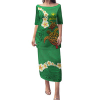 Hawaii Turtle Plumeria Flower Puletasi Polynesian Pattern Green Color LT03 Long Dress Green - Polynesian Pride
