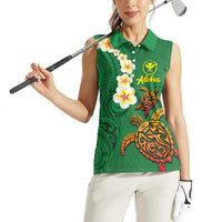 Hawaii Turtle Plumeria Flower Women Sleeveless Polo Shirt Polynesian Pattern Green Color