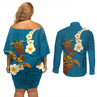 Hawaii Turtle Plumeria Flower Couples Matching Off Shoulder Short Dress and Long Sleeve Button Shirt Polynesian Pattern Blue Color LT03 - Polynesian Pride