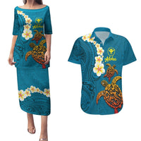 Hawaii Turtle Plumeria Flower Couples Matching Puletasi and Hawaiian Shirt Polynesian Pattern Blue Color LT03 Blue - Polynesian Pride