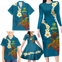 Hawaii Turtle Plumeria Flower Family Matching Long Sleeve Bodycon Dress and Hawaiian Shirt Polynesian Pattern Blue Color LT03 - Polynesian Pride