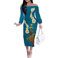 Hawaii Turtle Plumeria Flower Family Matching Off The Shoulder Long Sleeve Dress and Hawaiian Shirt Polynesian Pattern Blue Color LT03 Mom's Dress Blue - Polynesian Pride