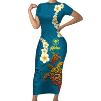 Hawaii Turtle Plumeria Flower Family Matching Short Sleeve Bodycon Dress and Hawaiian Shirt Polynesian Pattern Blue Color LT03 Mom's Dress Blue - Polynesian Pride