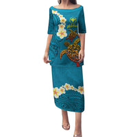 Hawaii Turtle Plumeria Flower Puletasi Polynesian Pattern Blue Color LT03 Long Dress Blue - Polynesian Pride