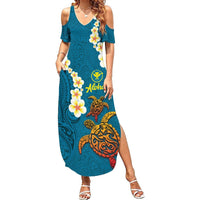 Hawaii Turtle Plumeria Flower Summer Maxi Dress Polynesian Pattern Blue Color LT03 Women Blue - Polynesian Pride