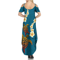 Hawaii Turtle Plumeria Flower Summer Maxi Dress Polynesian Pattern Blue Color LT03 - Polynesian Pride