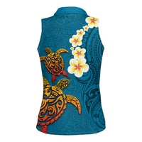 Hawaii Turtle Plumeria Flower Women Sleeveless Polo Shirt Polynesian Pattern Blue Color