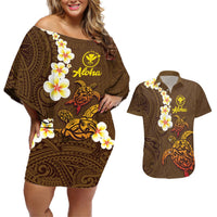Hawaii Turtle Plumeria Flower Couples Matching Off Shoulder Short Dress and Hawaiian Shirt Polynesian Pattern Brown Color