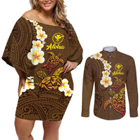 Hawaii Turtle Plumeria Flower Couples Matching Off Shoulder Short Dress and Long Sleeve Button Shirt Polynesian Pattern Brown Color