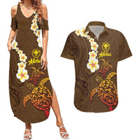Hawaii Turtle Plumeria Flower Couples Matching Summer Maxi Dress and Hawaiian Shirt Polynesian Pattern Brown Color LT03 Brown - Polynesian Pride