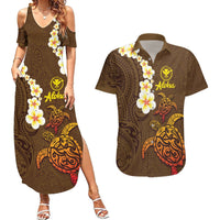 Hawaii Turtle Plumeria Flower Couples Matching Summer Maxi Dress and Hawaiian Shirt Polynesian Pattern Brown Color