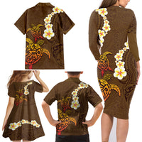 Hawaii Turtle Plumeria Flower Family Matching Long Sleeve Bodycon Dress and Hawaiian Shirt Polynesian Pattern Brown Color LT03 - Polynesian Pride