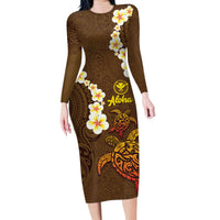 Hawaii Turtle Plumeria Flower Family Matching Long Sleeve Bodycon Dress and Hawaiian Shirt Polynesian Pattern Brown Color LT03 Mom's Dress Brown - Polynesian Pride