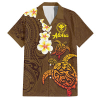 Hawaii Turtle Plumeria Flower Family Matching Off The Shoulder Long Sleeve Dress and Hawaiian Shirt Polynesian Pattern Brown Color LT03 Dad's Shirt - Short Sleeve Brown - Polynesian Pride