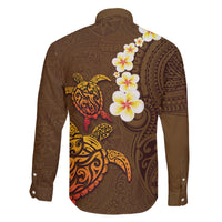 Hawaii Turtle Plumeria Flower Family Matching Off The Shoulder Long Sleeve Dress and Hawaiian Shirt Polynesian Pattern Brown Color LT03 - Polynesian Pride