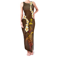 Hawaii Turtle Plumeria Flower Family Matching Tank Maxi Dress and Hawaiian Shirt Polynesian Pattern Brown Color LT03 Mom's Dress Brown - Polynesian Pride
