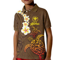 Hawaii Turtle Plumeria Flower Kid Polo Shirt Polynesian Pattern Brown Color