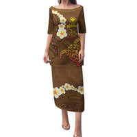 Hawaii Turtle Plumeria Flower Puletasi Polynesian Pattern Brown Color LT03 Long Dress Brown - Polynesian Pride
