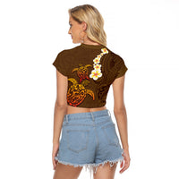 Hawaii Turtle Plumeria Flower Raglan Cropped T Shirt Polynesian Pattern Brown Color
