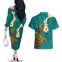 Hawaii Turtle Plumeria Flower Couples Matching Off The Shoulder Long Sleeve Dress and Hawaiian Shirt Polynesian Pattern Turquoise Color LT03 - Polynesian Pride