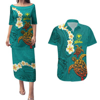 Hawaii Turtle Plumeria Flower Couples Matching Puletasi and Hawaiian Shirt Polynesian Pattern Turquoise Color LT03 Turquoise - Polynesian Pride