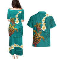 Hawaii Turtle Plumeria Flower Couples Matching Puletasi and Hawaiian Shirt Polynesian Pattern Turquoise Color LT03 - Polynesian Pride