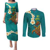 Hawaii Turtle Plumeria Flower Couples Matching Puletasi and Long Sleeve Button Shirt Polynesian Pattern Turquoise Color LT03 Turquoise - Polynesian Pride