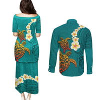 Hawaii Turtle Plumeria Flower Couples Matching Puletasi and Long Sleeve Button Shirt Polynesian Pattern Turquoise Color LT03 - Polynesian Pride