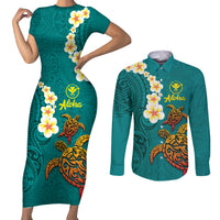 Hawaii Turtle Plumeria Flower Couples Matching Short Sleeve Bodycon Dress and Long Sleeve Button Shirt Polynesian Pattern Turquoise Color