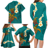 Hawaii Turtle Plumeria Flower Family Matching Long Sleeve Bodycon Dress and Hawaiian Shirt Polynesian Pattern Turquoise Color LT03 - Polynesian Pride