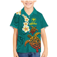 Hawaii Turtle Plumeria Flower Family Matching Mermaid Dress and Hawaiian Shirt Polynesian Pattern Turquoise Color LT03 Son's Shirt Turquoise - Polynesian Pride