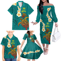 Hawaii Turtle Plumeria Flower Family Matching Off The Shoulder Long Sleeve Dress and Hawaiian Shirt Polynesian Pattern Turquoise Color LT03 - Polynesian Pride