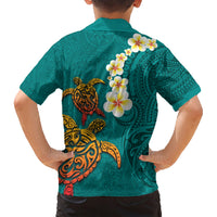 Hawaii Turtle Plumeria Flower Family Matching Short Sleeve Bodycon Dress and Hawaiian Shirt Polynesian Pattern Turquoise Color