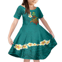 Hawaii Turtle Plumeria Flower Family Matching Short Sleeve Bodycon Dress and Hawaiian Shirt Polynesian Pattern Turquoise Color
