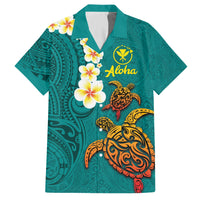 Hawaii Turtle Plumeria Flower Family Matching Short Sleeve Bodycon Dress and Hawaiian Shirt Polynesian Pattern Turquoise Color