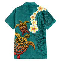 Hawaii Turtle Plumeria Flower Family Matching Short Sleeve Bodycon Dress and Hawaiian Shirt Polynesian Pattern Turquoise Color