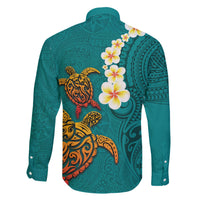 Hawaii Turtle Plumeria Flower Family Matching Short Sleeve Bodycon Dress and Hawaiian Shirt Polynesian Pattern Turquoise Color