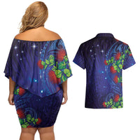 Matariki New Zealand Maori and Pohutukawa Couples Matching Off Shoulder Short Dress and Hawaiian Shirt Galaxy Blue Sky Style LT03 - Polynesian Pride