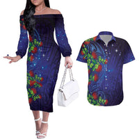 Matariki New Zealand Maori and Pohutukawa Couples Matching Off The Shoulder Long Sleeve Dress and Hawaiian Shirt Galaxy Blue Sky Style LT03 Blue - Polynesian Pride
