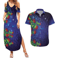 Matariki New Zealand Maori and Pohutukawa Couples Matching Summer Maxi Dress and Hawaiian Shirt Galaxy Blue Sky Style LT03 Blue - Polynesian Pride