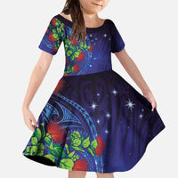 Matariki New Zealand Maori and Pohutukawa Family Matching Off The Shoulder Long Sleeve Dress and Hawaiian Shirt Galaxy Blue Sky Style LT03 Daughter's Dress Blue - Polynesian Pride